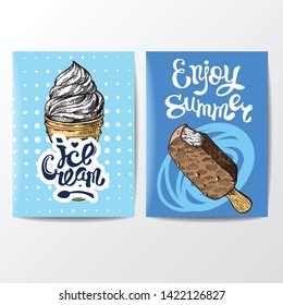 Ice cream sketch style vector illustration. Hand drawn poster with candy.
