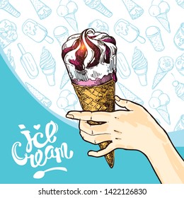Ice cream sketch style vector illustration. Hand drawn poster with candy.