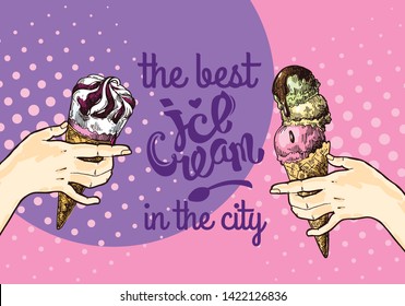 Ice cream sketch style vector illustration. Hand drawn poster with candy.