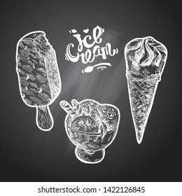 Ice cream sketch style vector illustration. Hand drawn poster with candy on chalkboard background.