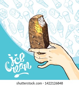 Ice cream sketch style vector illustration. Hand drawn poster with candy.
