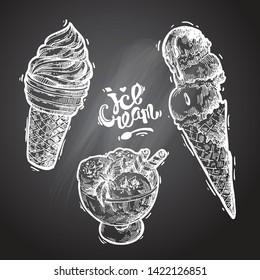 Ice cream sketch style vector illustration. Hand drawn poster with candy on chalkboard background.