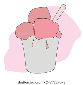 Ice cream sketch. Sundae in paper bowl isolated on white background. Frozen dessert with cherry. Gelato drawing with hatching.