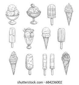 Ice crema esbozar iconos vectoriales. Conjunto aislado de postres congelados, cucharas de helados dulces de frutas o bayas en conos de wafer, sundae de chocolate o sorbete de baya en dulces o fondant de caramelo y galleta de wafer