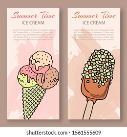 Ice cream sketch vector vertical banners set. Hand drawn and colored summer icecream illustration. Ice cream scoops in sundae wafer cone and chocolate eskimoe. Sweet dessert menu board.