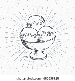 Ice cream sketch, Vintage label, Hand drawn grunge textured badge, retro logo template, typography design vector illustration
