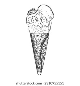 Ice cream sketch. Ice cream in waffle cone with caramel topping and piece of chocolate isolated on white background. Frozen dessert. Black and white gelato drawing with hatching.