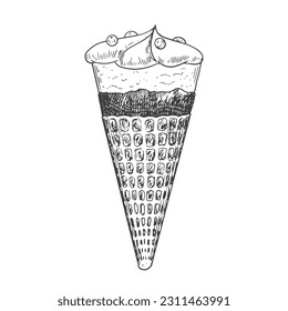 Ice cream sketch. Ice cream in waffle cone with chocolate topping and berries isolated on white background. Frozen dessert. Black and white gelato drawing with hatching.