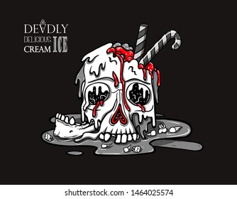 Ice cream skull melts and flows. Broken jaw, teeth fell out. Candy cane sticks out of ice cream. Creepy cartoon illustration for prints, t-shirts, Halloween or tattoo. 