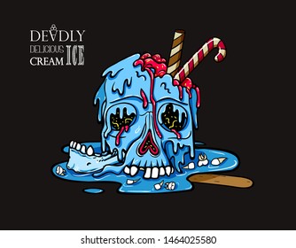 Ice cream skull melts and flows. Broken jaw, teeth fell out. Candy cane sticks out of ice cream. Creepy cartoon illustration for prints, t-shirts, Halloween or tattoo. 