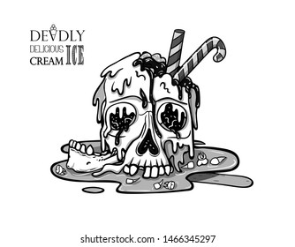 Ice cream skull melts and flows. Broken jaw, teeth fell out. Candy cane sticks out of ice cream. Creepy cartoon illustration for prints, t-shirts, Halloween or tattoo. Black and white. 