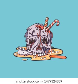 Ice cream skull melts and flows. Broken jaw, teeth fell out. Candy cane sticks out of ice cream. Creepy cartoon illustration for prints, t-shirts, Halloween or tattoo. 