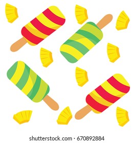 ice cream and slices of pineapple, vector drawing,white background seamless pattern