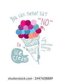 ice cream slogan with hand drawn ice cream cone and colorful sequins vector illustration 