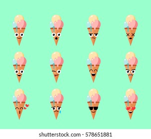 Ice Cream Smile Emoji Vector Set. Funny and Cute Emoticons