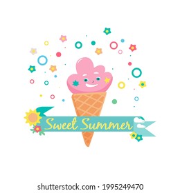 Ice cream smiling and text saying Sweet summer on ribbon. Template design for poster, web, postcard, for nursery. Cartoon flat vector illustration