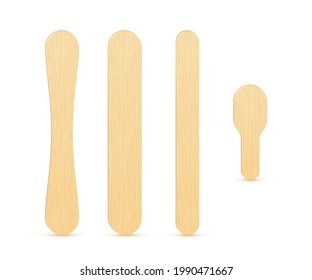 Se ponen palitos de refrigerio de helado. Colección sencilla de elementos de madera para preparar la comida de verano. Elementos de madera marrón de diferente forma. Equipo médico para examen de garganta.