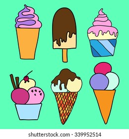 Ice cream snacks set on green mint background. Hand drawining vector illustration.