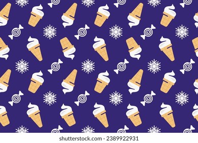 Eiscreme mit Schneeflocken und Kanu, nahtloser Vektorhintergrund. Eis in Waffelbecher und Kons mit Schneeflocken und Bonbonmuster
