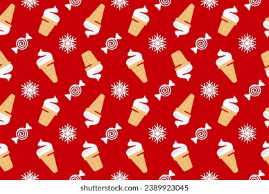 Helado con copo de nieve y fondo vectorial sin costuras de caramelo. Helado en taza de gofre y conos con copo de nieve y patrón de dulces