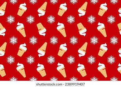 Ice cream with snow flake seamless vector background. Ice cream in waffle cup and cones with snowflake pattern
