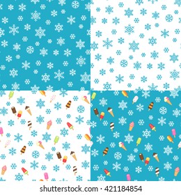 Ice cream and snowflakes on white and blue background. Set of cute seamless patterns