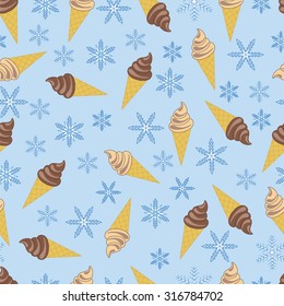 Ice cream and snowflakes. Seamless pattern.