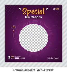 Ice cream social media banner or post design template, Purple color ice cream web banner and story template design