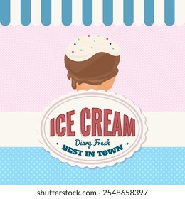 Ice cream social media banner. Sweet cold dessert for advertising. Retro brand post with text. Branding for cafe or shop. Flat vintage Vector illustration.