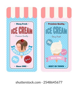 Ice cream social media banners set. Sweet cold dessert. Retro brand tags with text. Branding for cafe or shop. Flat Vector illustration collection.