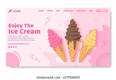 Ice Cream Social Media Landing Page Template Flat Cartoon Flat Background Vector Illustración