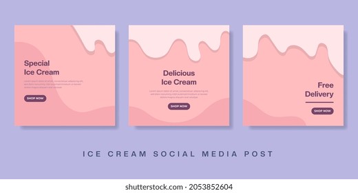 Ice cream social media post and stories template. Pink cute melted banner square. Vector illustration.