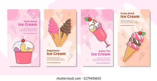 Ice Cream Social Media Stories Template Flat Cartoon Background Vector Illustration