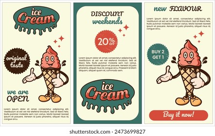 Ice Cream Social Media Stories. Template Flat Cartoon Background Vector Illustration