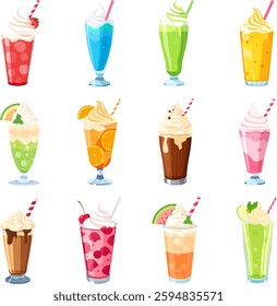 Ice cream soda float vector set isolated on a transparent background, served cold in a glass with a straw. Collection of whipped fruit milkshake or sweet cocktail illustrations for a summer dessert 