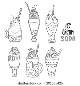 Ice cream soda illustration. Cute cartoon hand drawn food. Vector image.