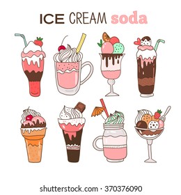 Ice cream soda illustration. Cute cartoon hand drawn food. Vector image.