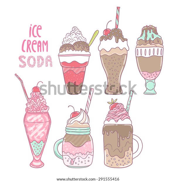 Ice cream soda illustration. Cute cartoon hand\
drawn food. Vector image.