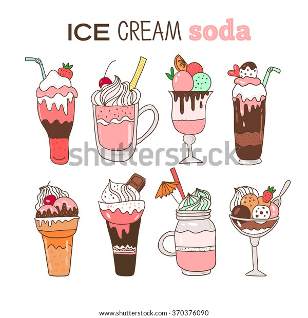Ice cream soda illustration. Cute cartoon hand\
drawn food. Vector image.