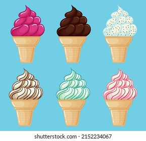 ice cream soft in a cone in different flavors