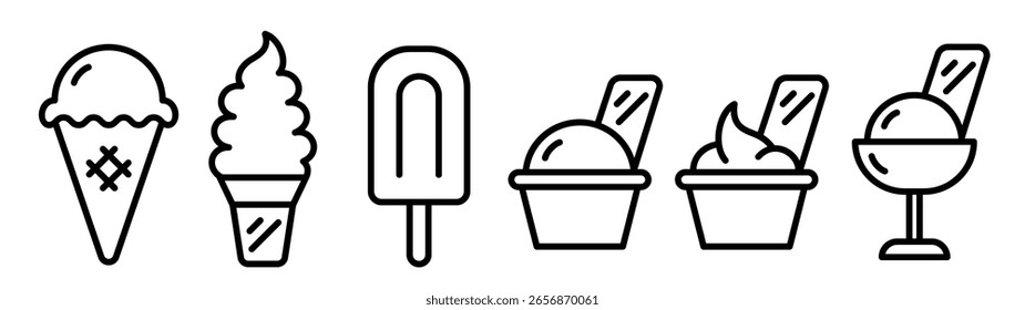 Ice cream and soft serve icon set. Black color outline icon on white background.