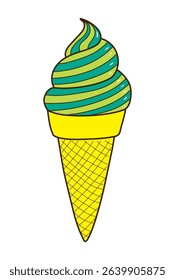 Ice cream, soft serve in wafer cone hand drawn illustration, isolated vector. Line art style design. Summer clip art, seasonal element, print. Frozen food, dessert, sweet treat, beach activity, party