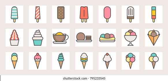 Ice cream, soft serve,ice shave, scoop in crape and popsicle filled color line icons size 128 px , 4 px stroke width, on grid