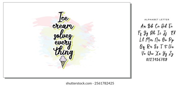 Ice cream solves everything quote lettering. Calligraphy inspiration graphic design typography element. Hand written style card. Cute simple vector sign. Gelato shop promotion motivation advertising.