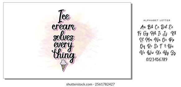 Ice cream solves everything quote lettering. Calligraphy inspiration graphic design typography element. Hand written style card. Cute simple vector sign. Gelato shop promotion motivation advertising.