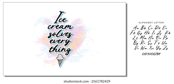 Ice cream solves everything quote lettering. Calligraphy inspiration graphic design typography element. Hand written style card. Cute simple vector sign. Gelato shop promotion motivation advertising.