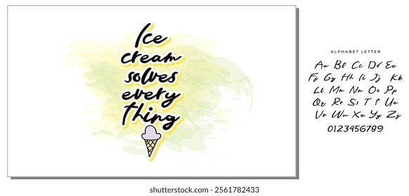 Ice cream solves everything quote lettering. Calligraphy inspiration graphic design typography element. Hand written style card. Cute simple vector sign. Gelato shop promotion motivation advertising.