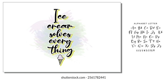 Ice cream solves everything quote lettering. Calligraphy inspiration graphic design typography element. Hand written style card. Cute simple vector sign. Gelato shop promotion motivation advertising.