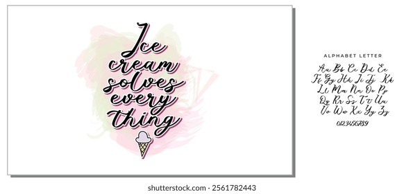 Ice cream solves everything quote lettering. Calligraphy inspiration graphic design typography element. Hand written style card. Cute simple vector sign. Gelato shop promotion motivation advertising.