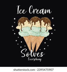 Ice Cream Solves Everything, Watercolor Ice Cream Typography Design For T-Shirt And Merchandise, Ice cream Vector Illustration